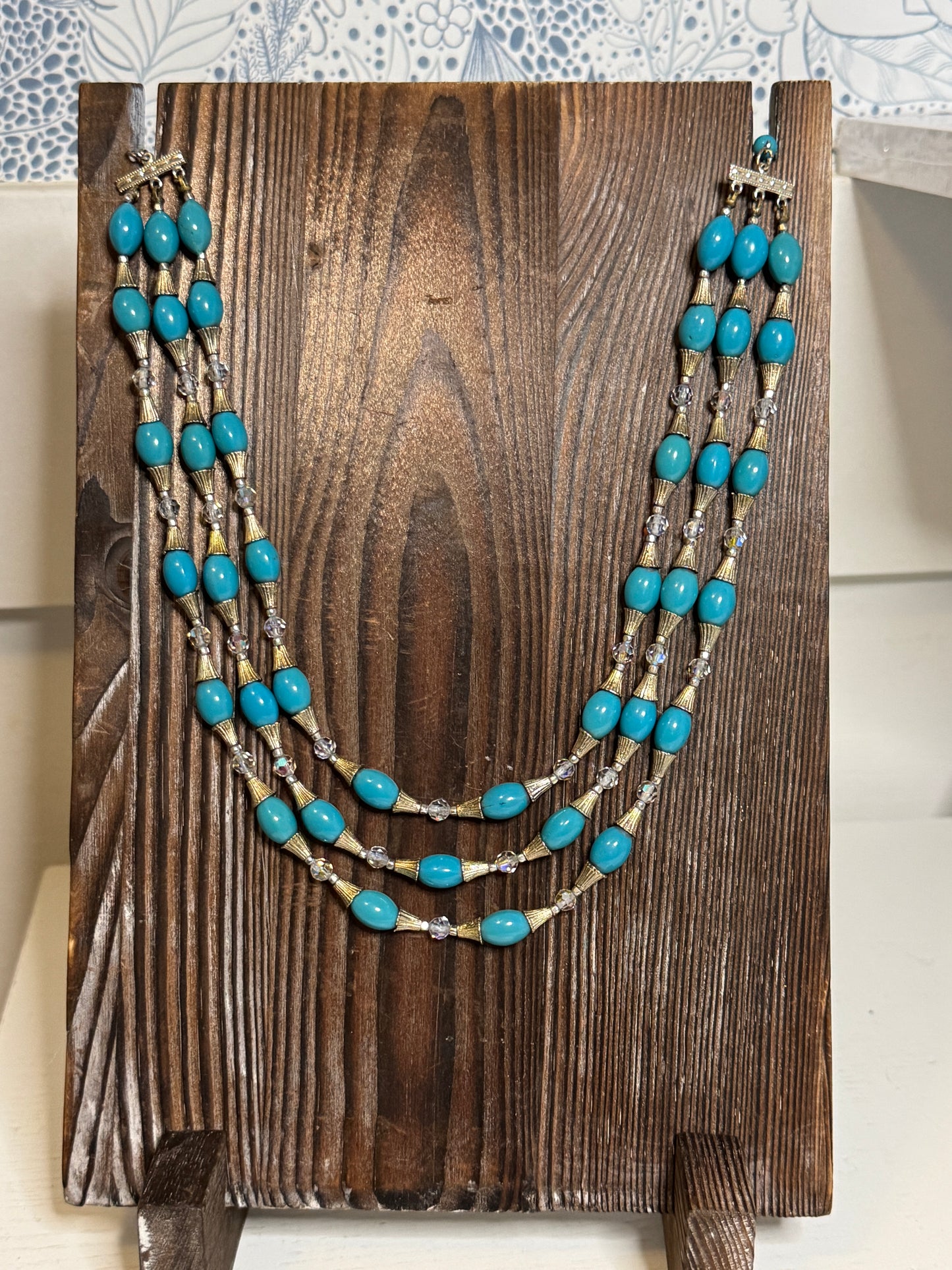 Unsigned Turquoise Plastic Bead Triple-Strand Necklace