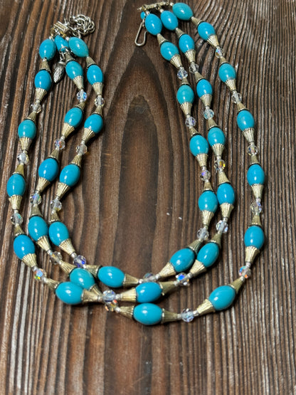 Unsigned Turquoise Plastic Bead Triple-Strand Necklace