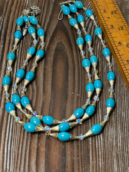Unsigned Turquoise Plastic Bead Triple-Strand Necklace