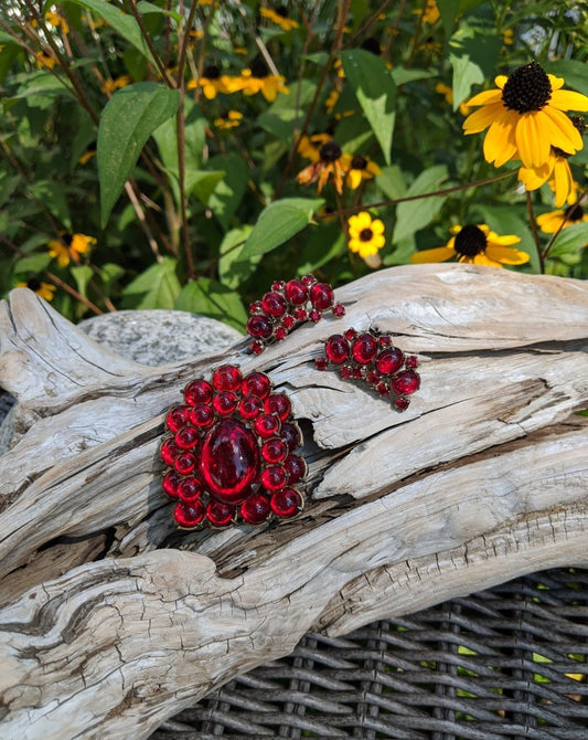 Vintage Red Beaded Dress Clip and Earring Set - Dirty30 Vintage