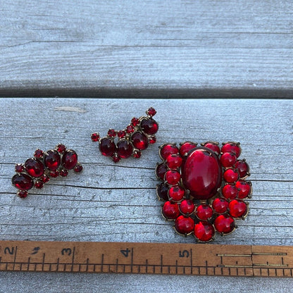 Vintage Red Beaded Dress Clip and Earring Set - Dirty30 Vintage