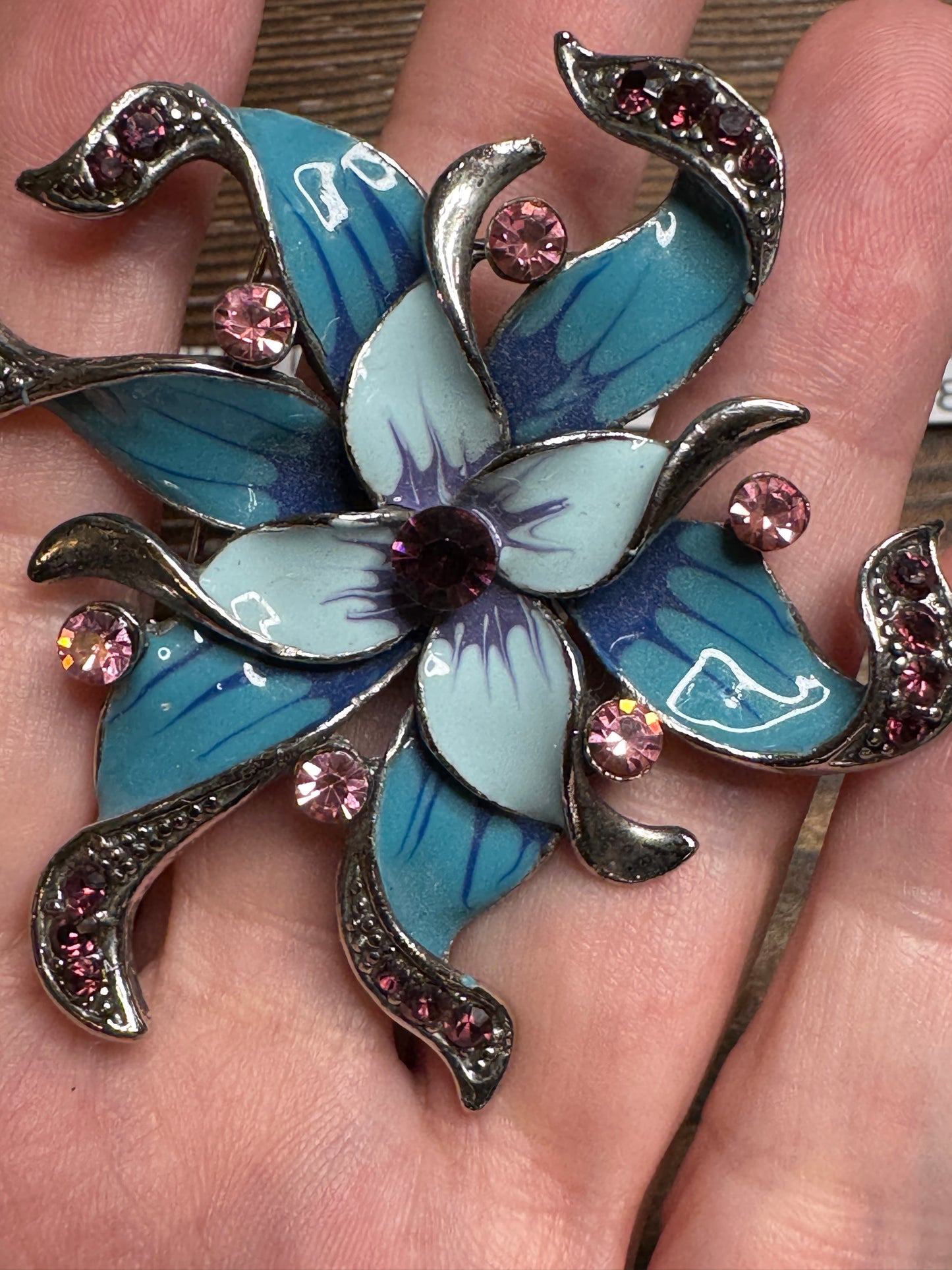 Vintage Blue Enamel Pink Rhinestone Flower Brooch Pin Dimensional