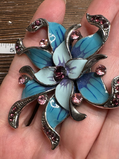 Vintage Blue Enamel Pink Rhinestone Flower Brooch Pin Dimensional