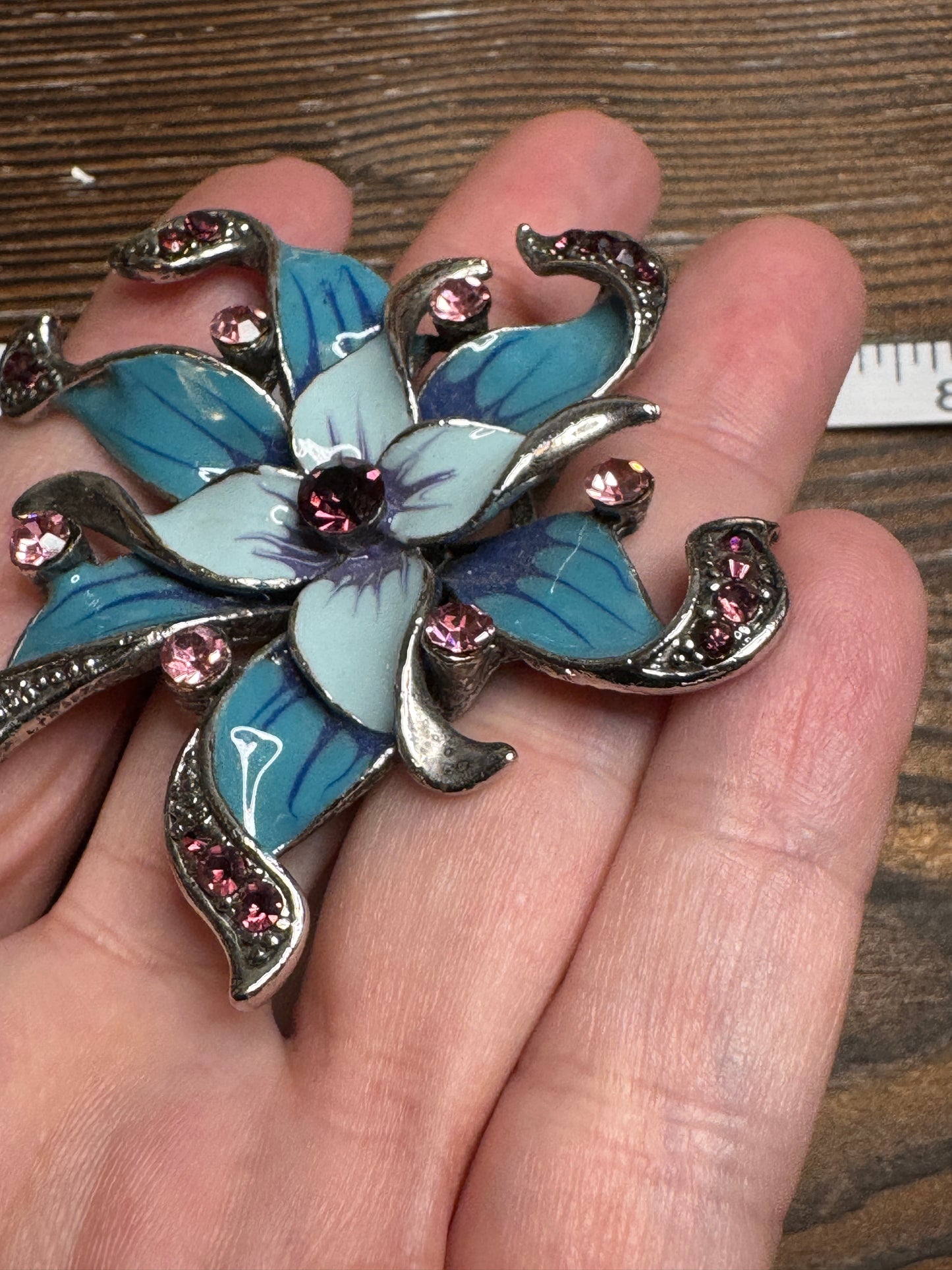 Vintage Blue Enamel Pink Rhinestone Flower Brooch Pin Dimensional