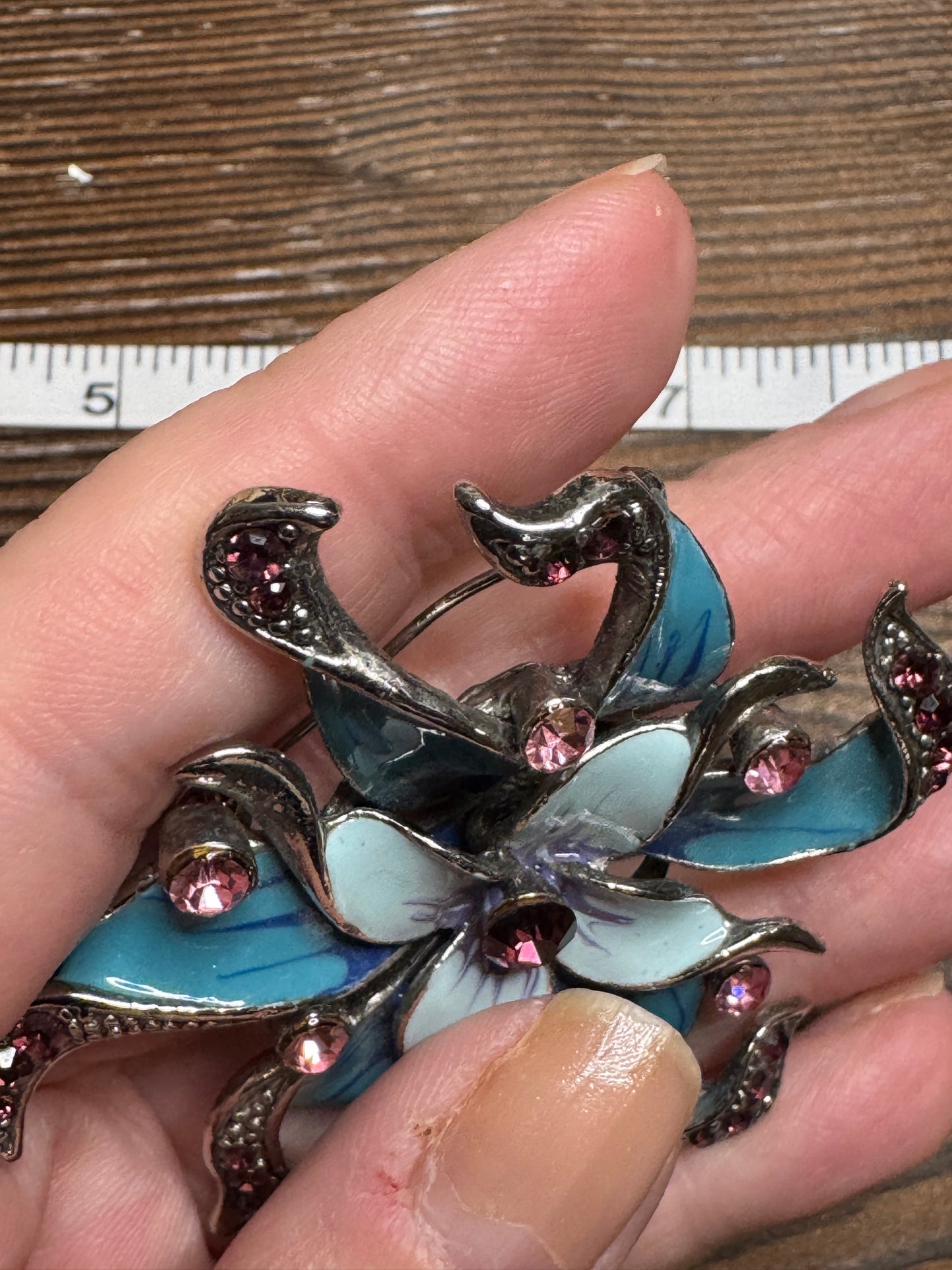 Vintage Blue Enamel Pink Rhinestone Flower Brooch Pin Dimensional