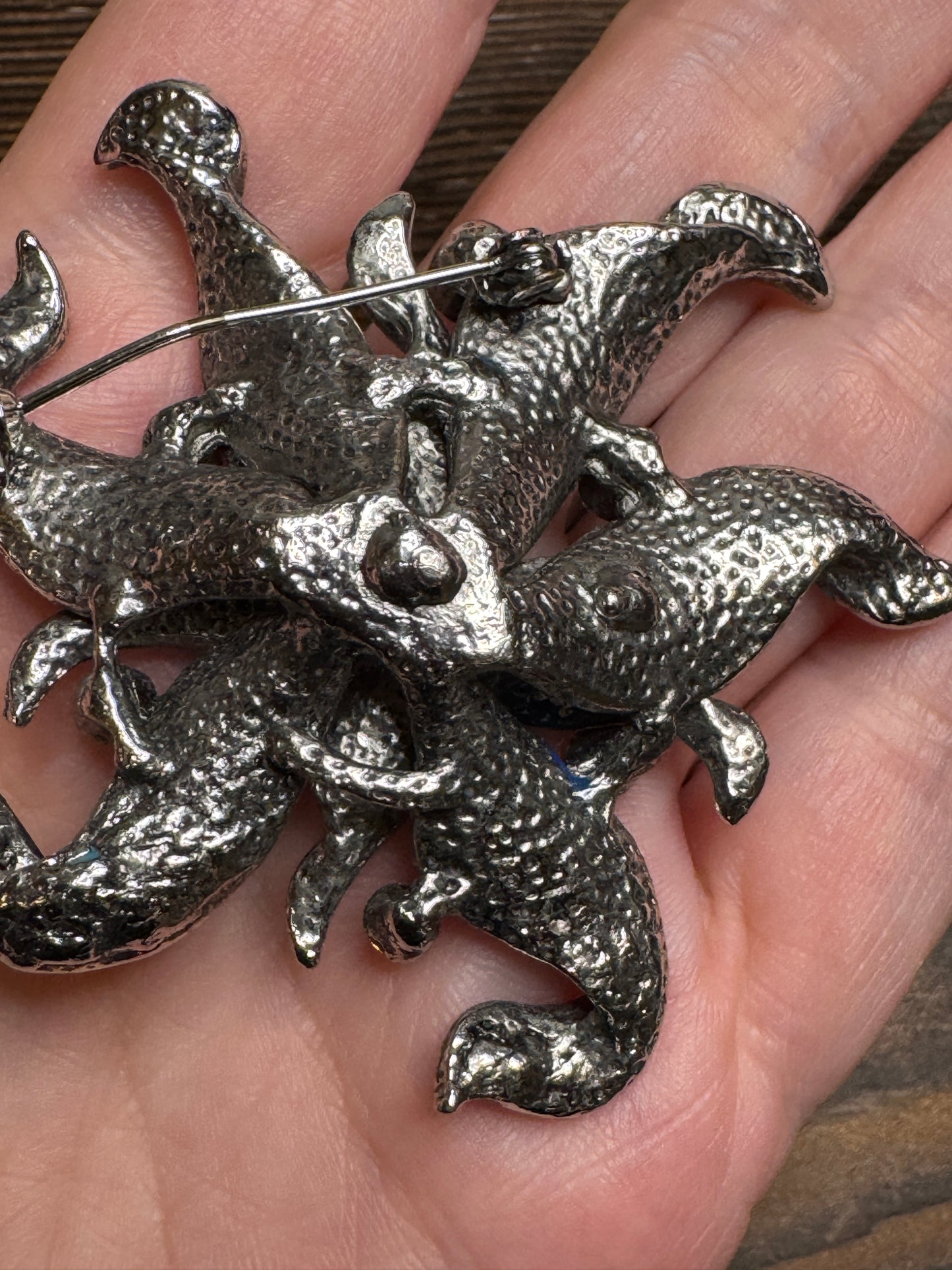 Vintage Blue Enamel Pink Rhinestone Flower Brooch Pin Dimensional