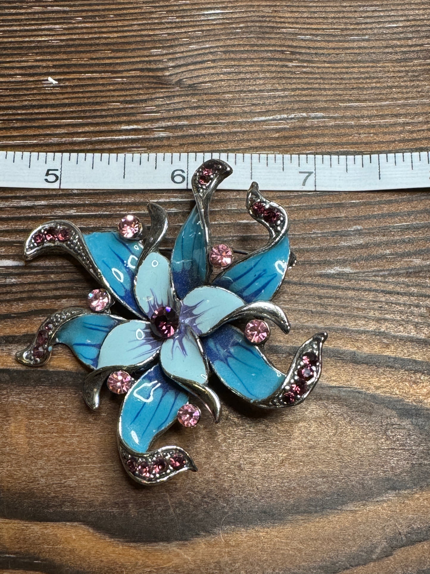 Vintage Blue Enamel Pink Rhinestone Flower Brooch Pin Dimensional