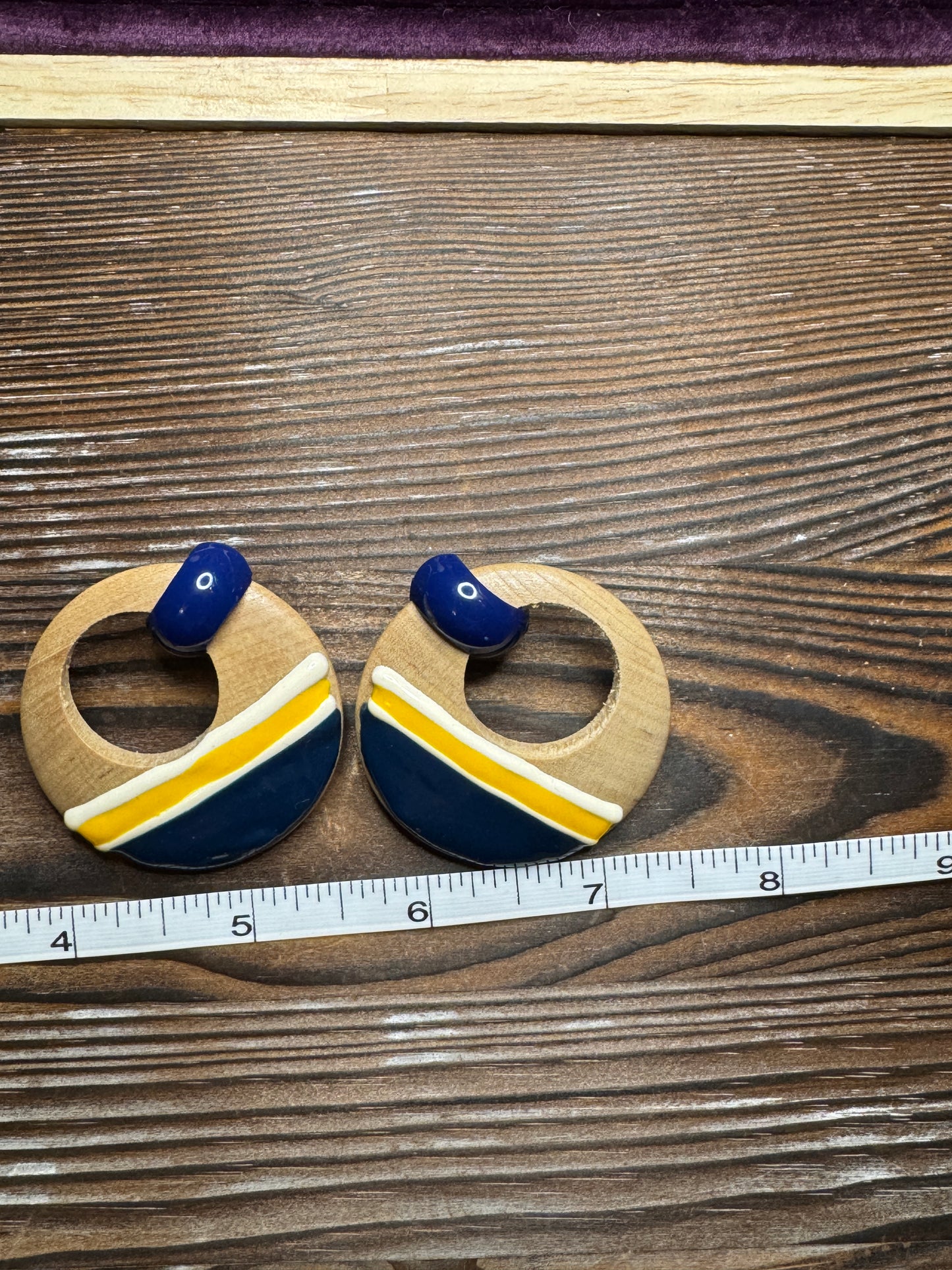 Vintage 80s/90s Circle Navy / Yellow Dangle Earrings