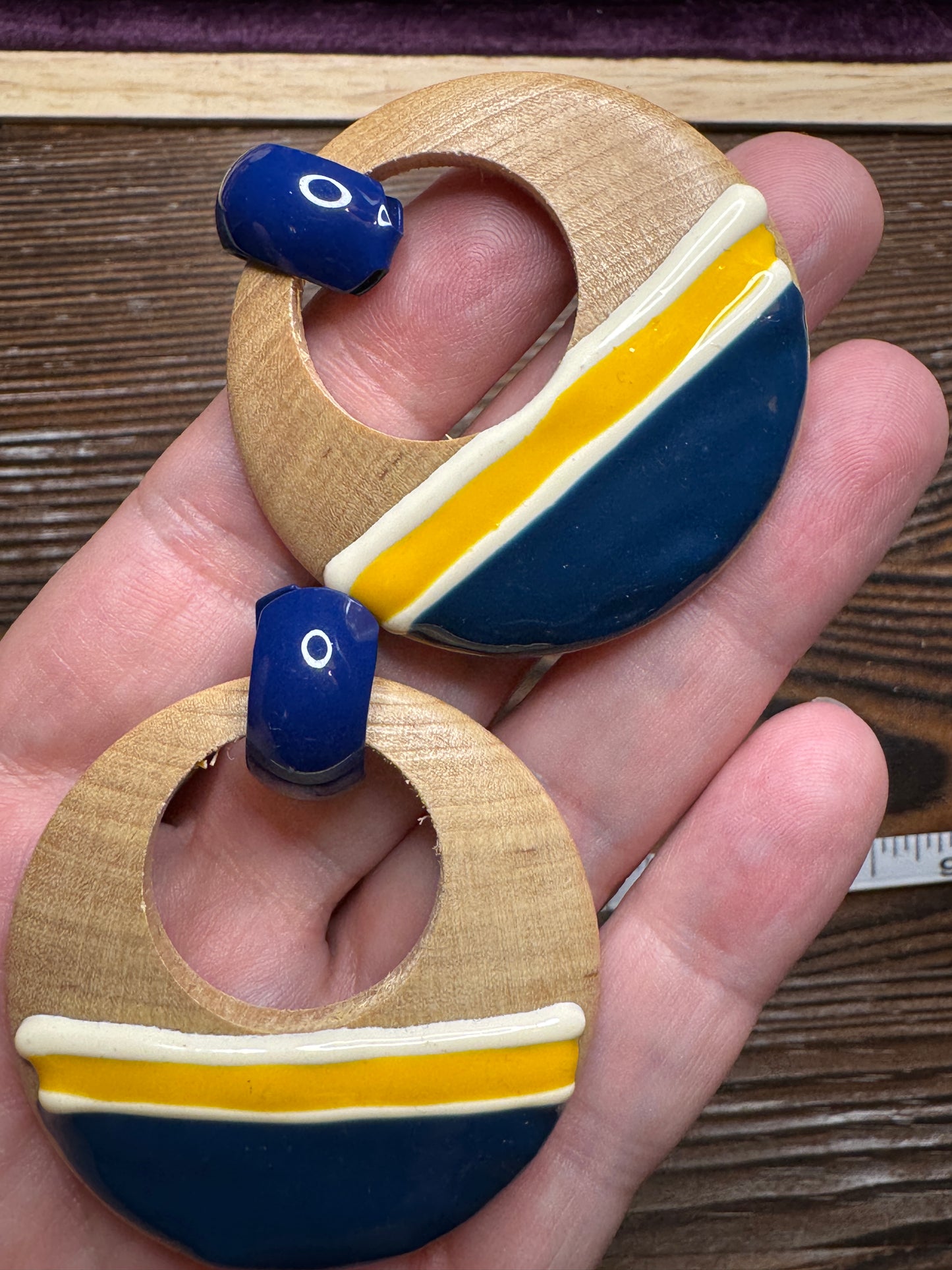 Vintage 80s/90s Circle Navy / Yellow Dangle Earrings