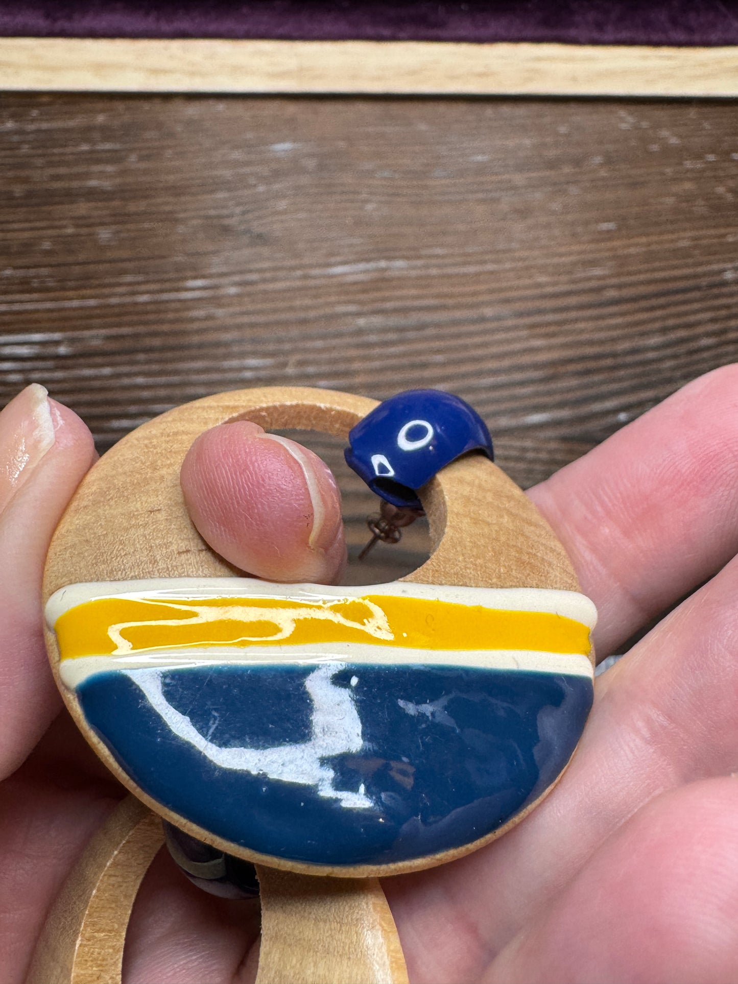 Vintage 80s/90s Circle Navy / Yellow Dangle Earrings