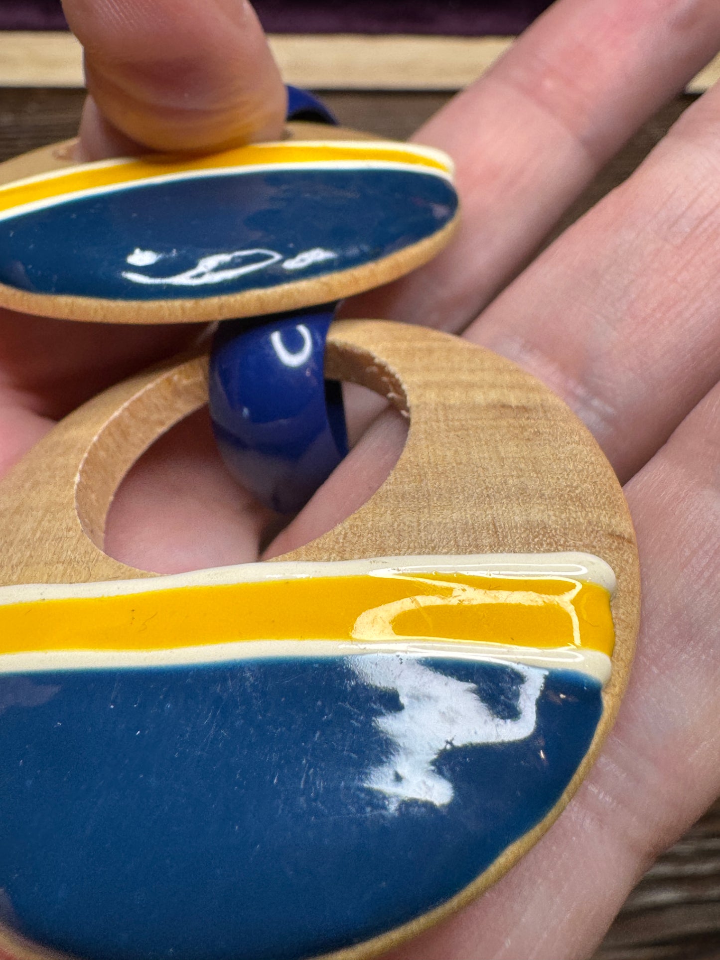 Vintage 80s/90s Circle Navy / Yellow Dangle Earrings