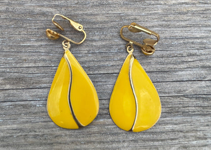 Vintage Enamel & Brass Clip Earrings in Bright Yellow