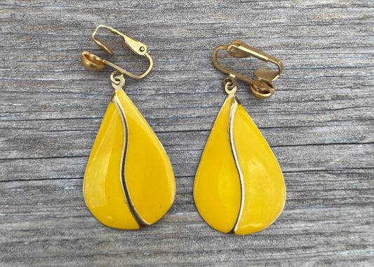 Vintage Enamel & Brass Clip Earrings in Bright Yellow