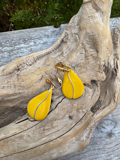 Vintage Enamel & Brass Clip Earrings in Bright Yellow