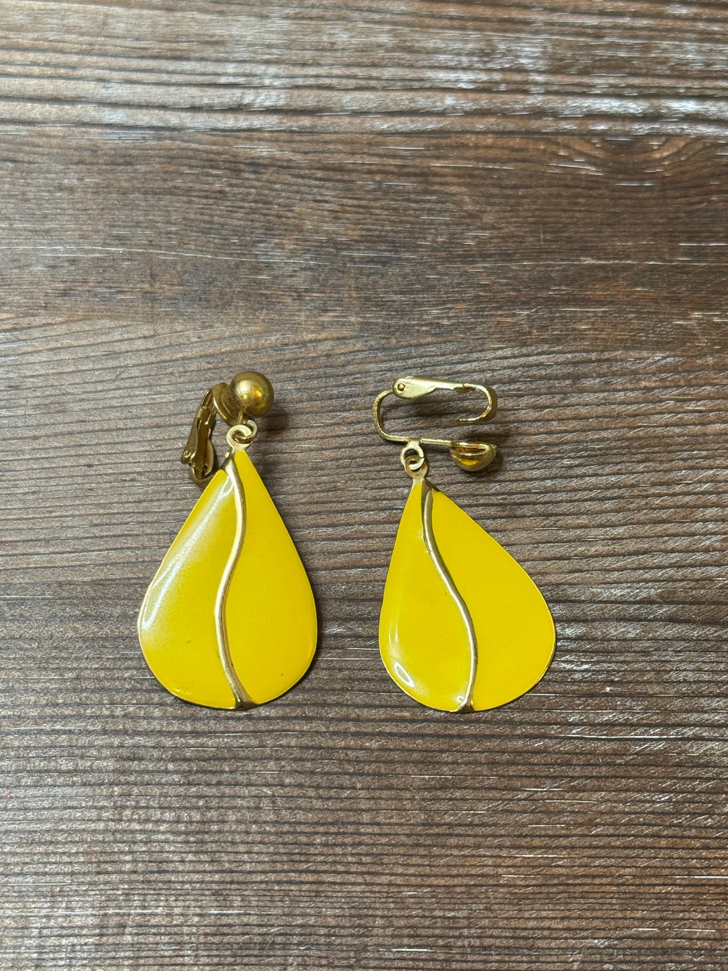Vintage Enamel & Brass Clip Earrings in Bright Yellow