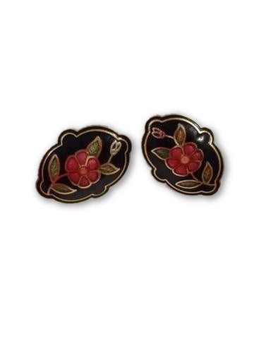 Vintage Damascene Earrings Black Pink Flower Pierced Gold Tone