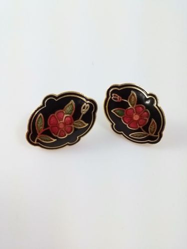 Vintage Damascene Earrings Black Pink Flower Pierced Gold Tone - Dirty 30 Vintage