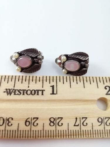 Vintage Silver Clip Earrings w/ Pink Moon Glow and Pearl Accents - Dirty 30 Vintage | Vintage Clothing, Vintage Jewelry, Vintage Accessories