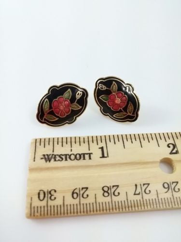 Vintage Damascene Earrings Black Pink Flower Pierced Gold Tone - Dirty 30 Vintage