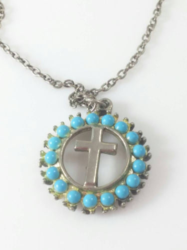 Cross Pendent Necklace- With Circle of Turquoise Colored Beads w/ Chain - Dirty 30 Vintage | Vintage Clothing, Vintage Jewelry, Vintage Accessories