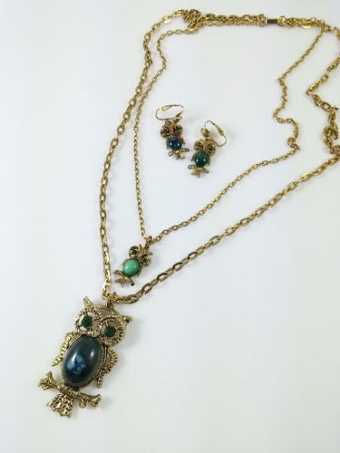 Vintage 70s Owl Agate Layered Necklace & Earring Set - Dirty 30 Vintage | Vintage Clothing, Vintage Jewelry, Vintage Accessories