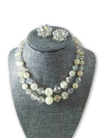 Vintage Jewelry Set Laguna Beaded Aura Borealis Necklace & Cluster Clip Earrings