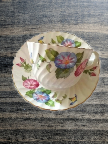 Vintage Aynsley English Bone China Swirl Morning Glory Pattern Tea Cup and Saucer
