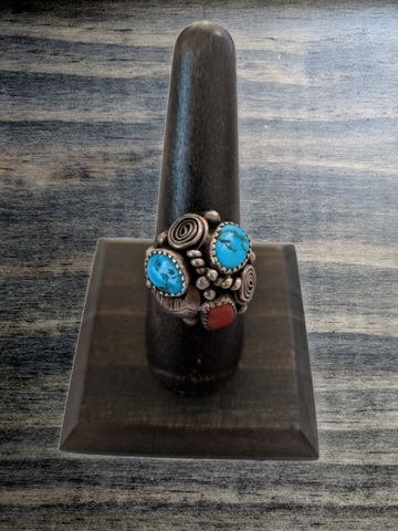 Southwest Turquoise & Coral Ring Size 8.25
