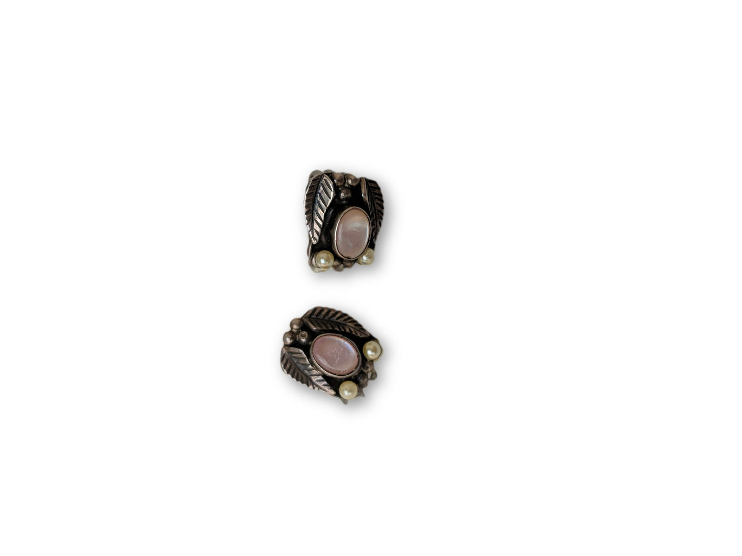 Vintage Silver Clip Earrings w/ Pink Moon Glow and Pearl Accents
