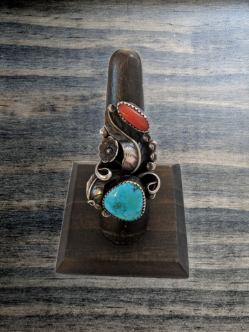 Southwest Turquoise & Coral Ring Size 7.75