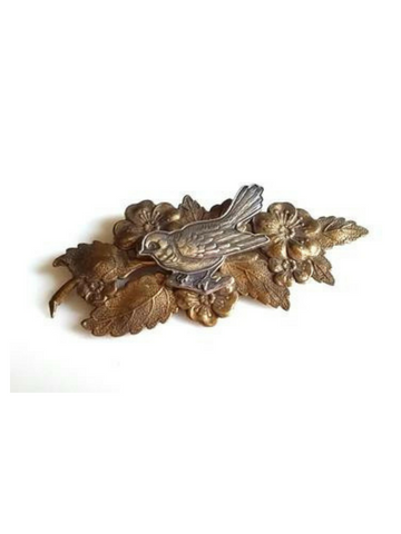 Vintage Brooch Two Tone Brass Color Floral Branch w/ Silver Tone Bird