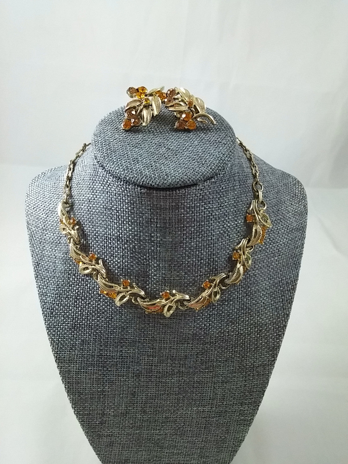 Vintage Coro Necklace and Earring Demi Gold Tone Leaf Clusters w/ Amber Rhinestone Accents - Dirty 30 Vintage