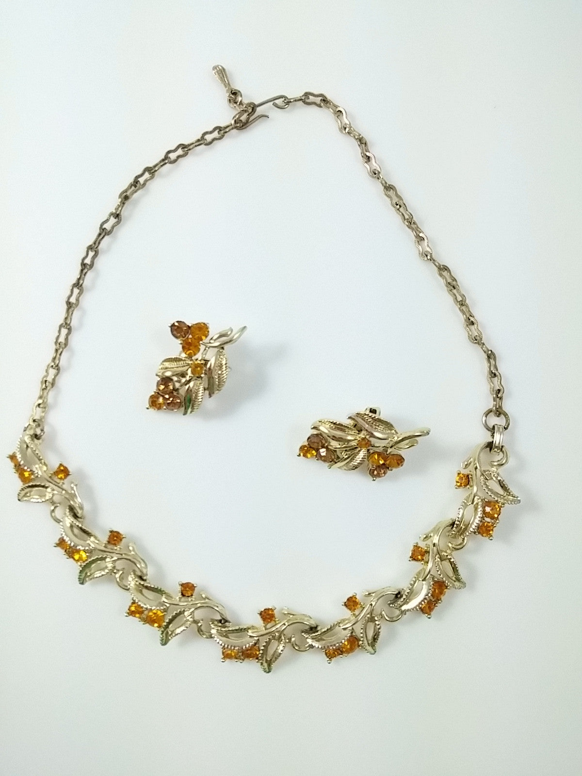 Vintage Coro Necklace and Earring Demi Gold Tone Leaf Clusters w/ Amber Rhinestone Accents - Dirty 30 Vintage