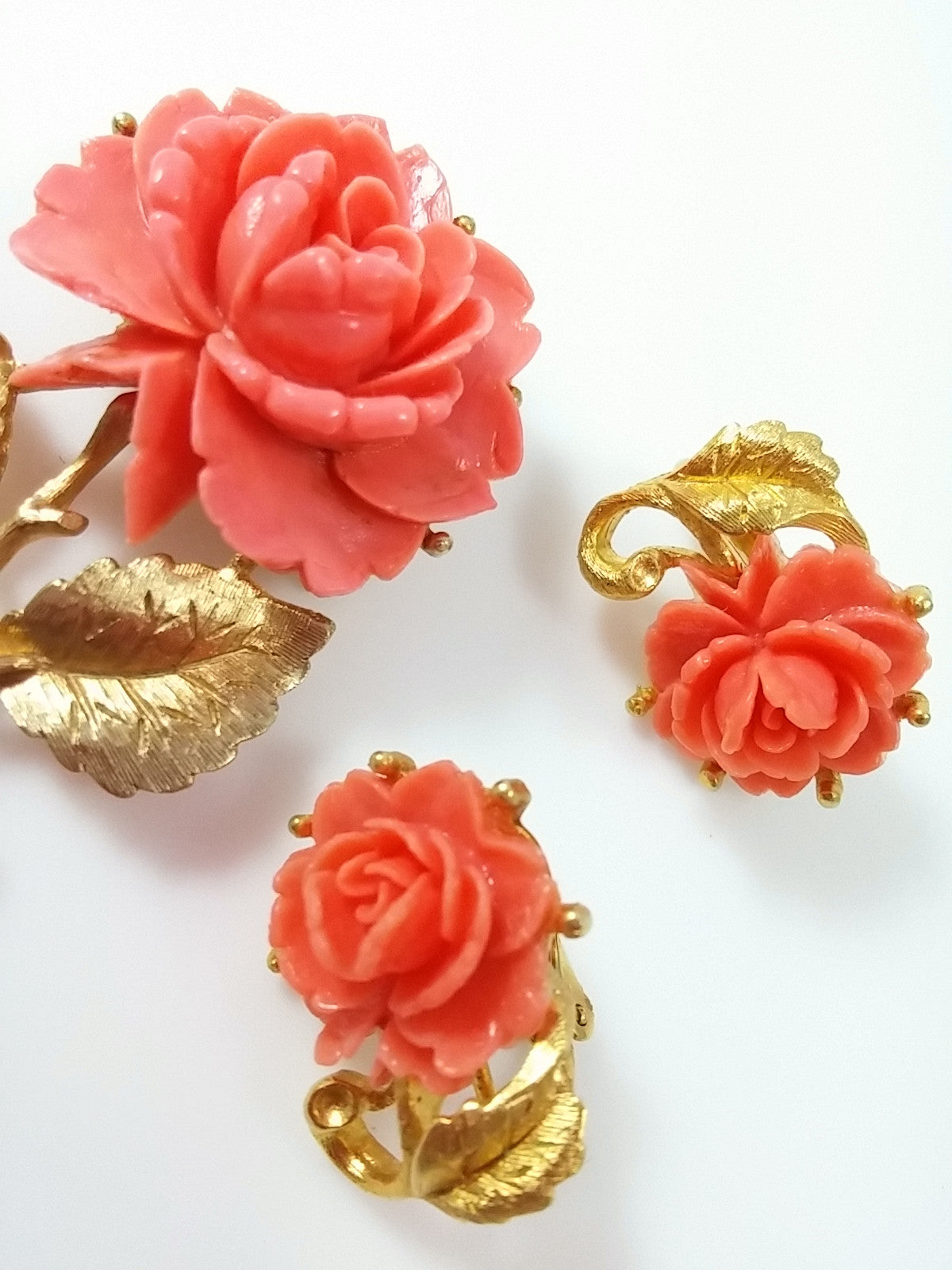 Vintage Brooch & Earrings Demi Coral Colored Carved Rose Pin w/ matching Earrings - Dirty 30 Vintage