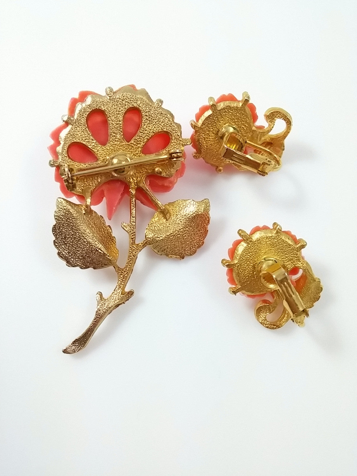 Vintage Brooch & Earrings Demi Coral Colored Carved Rose Pin w/ matching Earrings - Dirty 30 Vintage