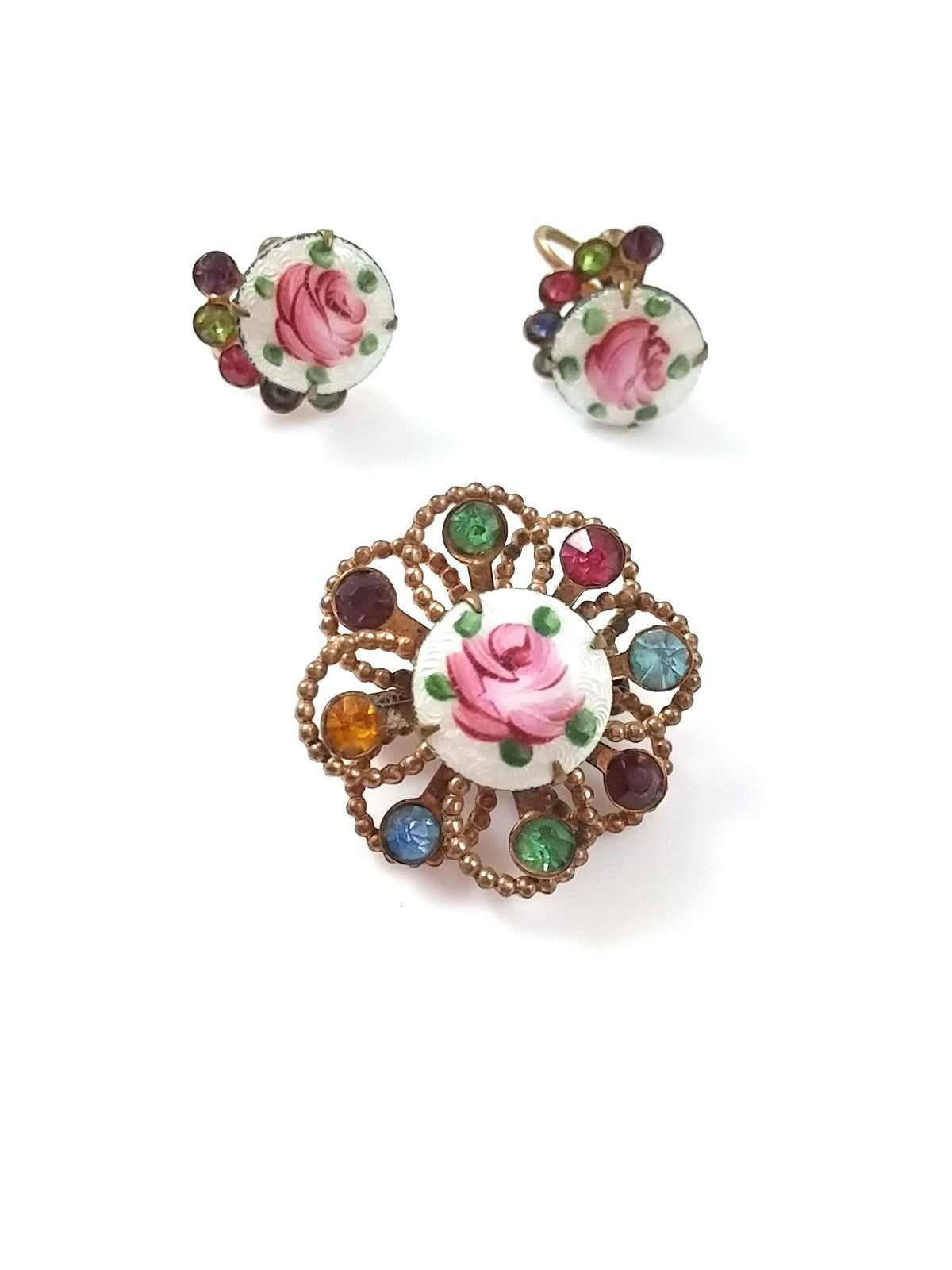 Vintage Copper Tone Brooch and Earring Set Painted Rose on Enamel Center w/ Rhinestone Accents - Dirty 30 Vintage