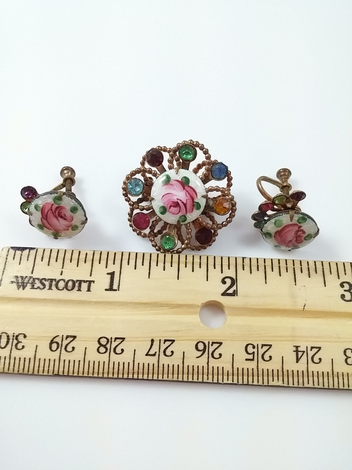 Vintage Copper Tone Brooch and Earring Set Painted Rose on Enamel Center w/ Rhinestone Accents - Dirty 30 Vintage