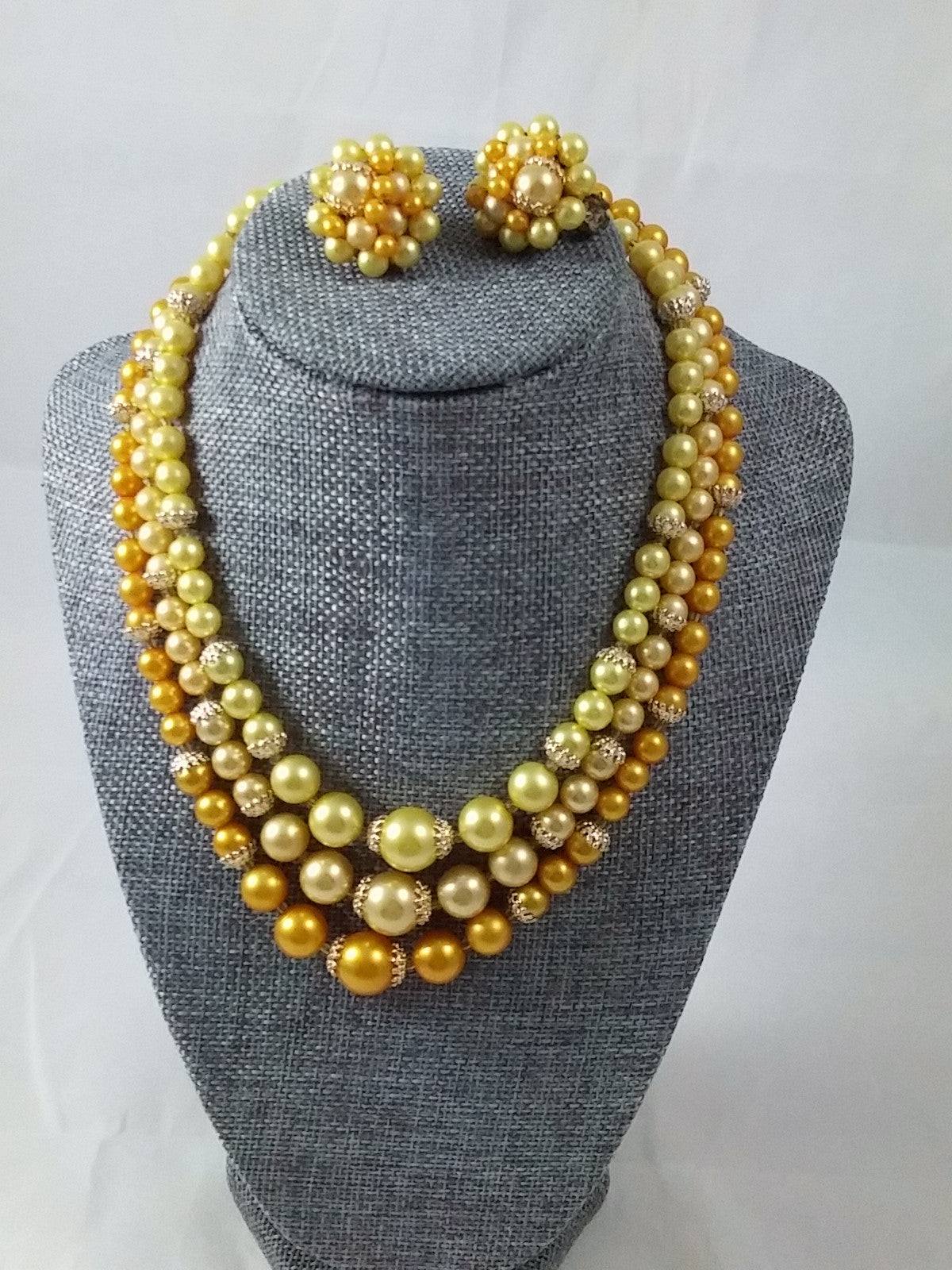 Vintage 50s 60s Multi Strand Necklace and Cluster Earrings Warm Yellow and Gold Tones - Dirty 30 Vintage | Vintage Clothing, Vintage Jewelry, Vintage Accessories