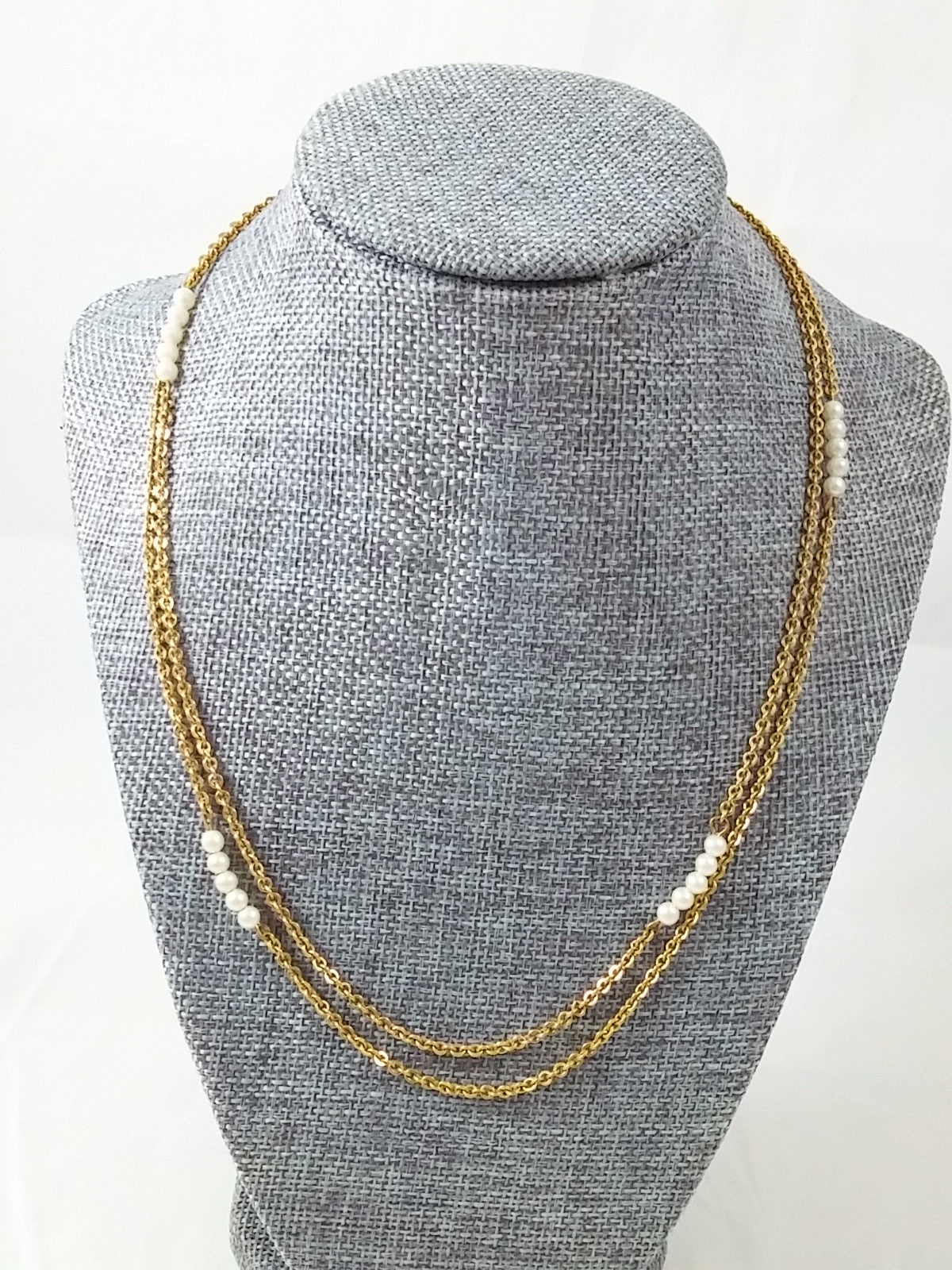 Vintage Gold Tone 40" Necklace w/ Faux Pearl Bar Stations - Dirty 30 Vintage | Vintage Clothing, Vintage Jewelry, Vintage Accessories