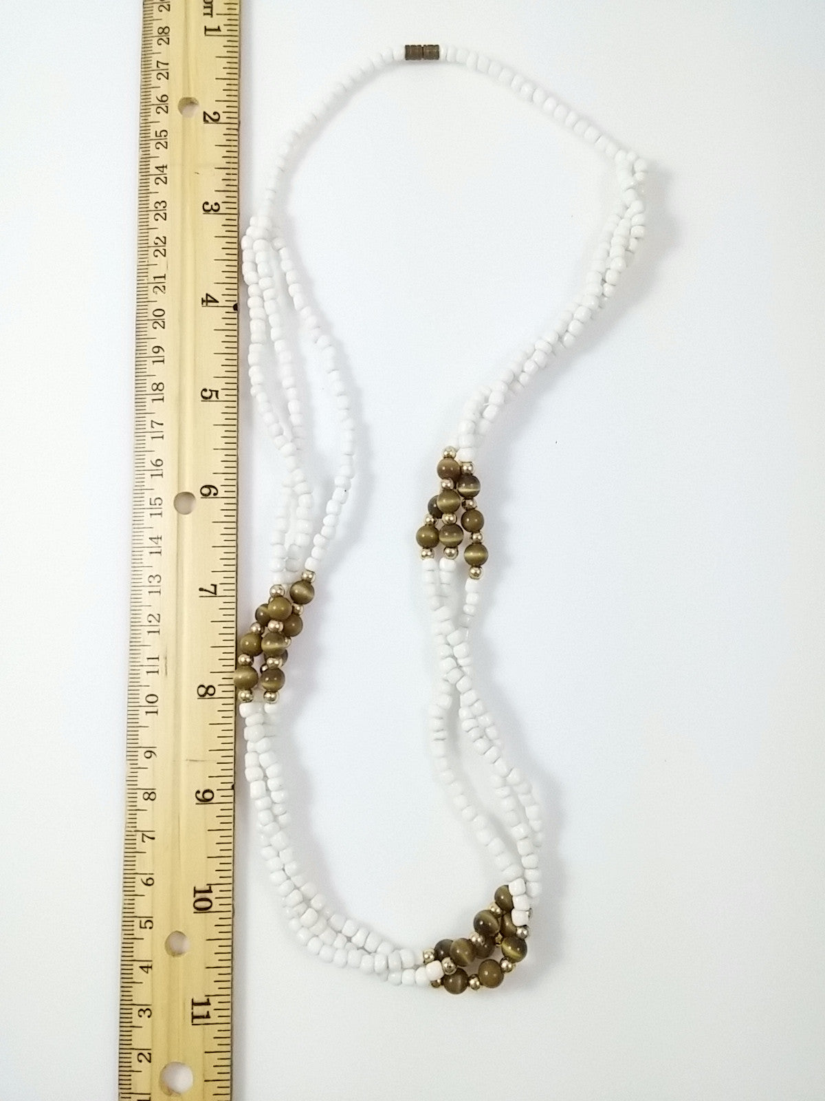 Vintage 60s Triple Strand Necklace Twisted White Beads w/ Tiger Eye Accent - Dirty 30 Vintage | Vintage Clothing, Vintage Jewelry, Vintage Accessories