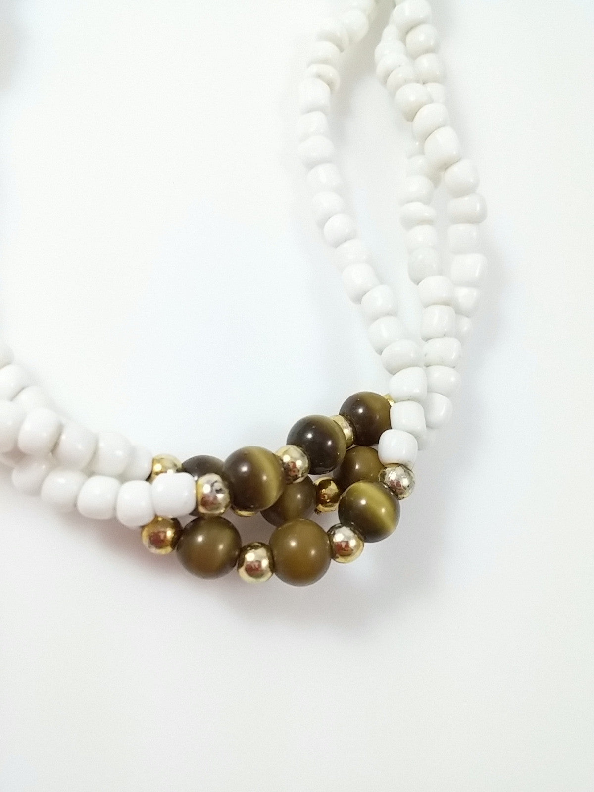 Vintage 60s Triple Strand Necklace Twisted White Beads w/ Tiger Eye Accent - Dirty 30 Vintage | Vintage Clothing, Vintage Jewelry, Vintage Accessories