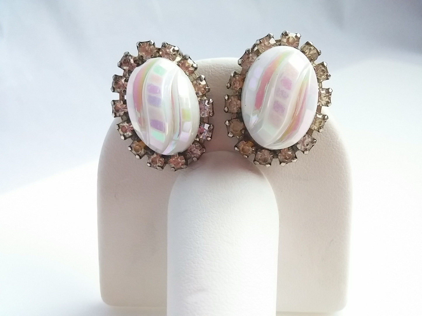 Vintage 50s Earrings Carved Opalescence Center with Clear Rhinestone Trim - Dirty 30 Vintage | Vintage Clothing, Vintage Jewelry, Vintage Accessories