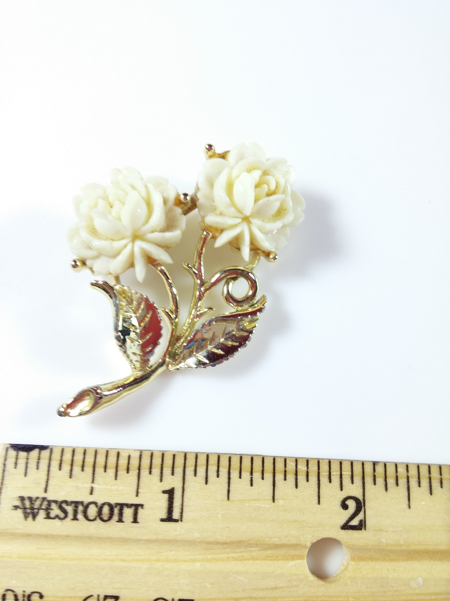 Vintage Rose Brooch Carved Celluloid Plastic Flower Pin Gold Tone - Dirty 30 Vintage | Vintage Clothing, Vintage Jewelry, Vintage Accessories