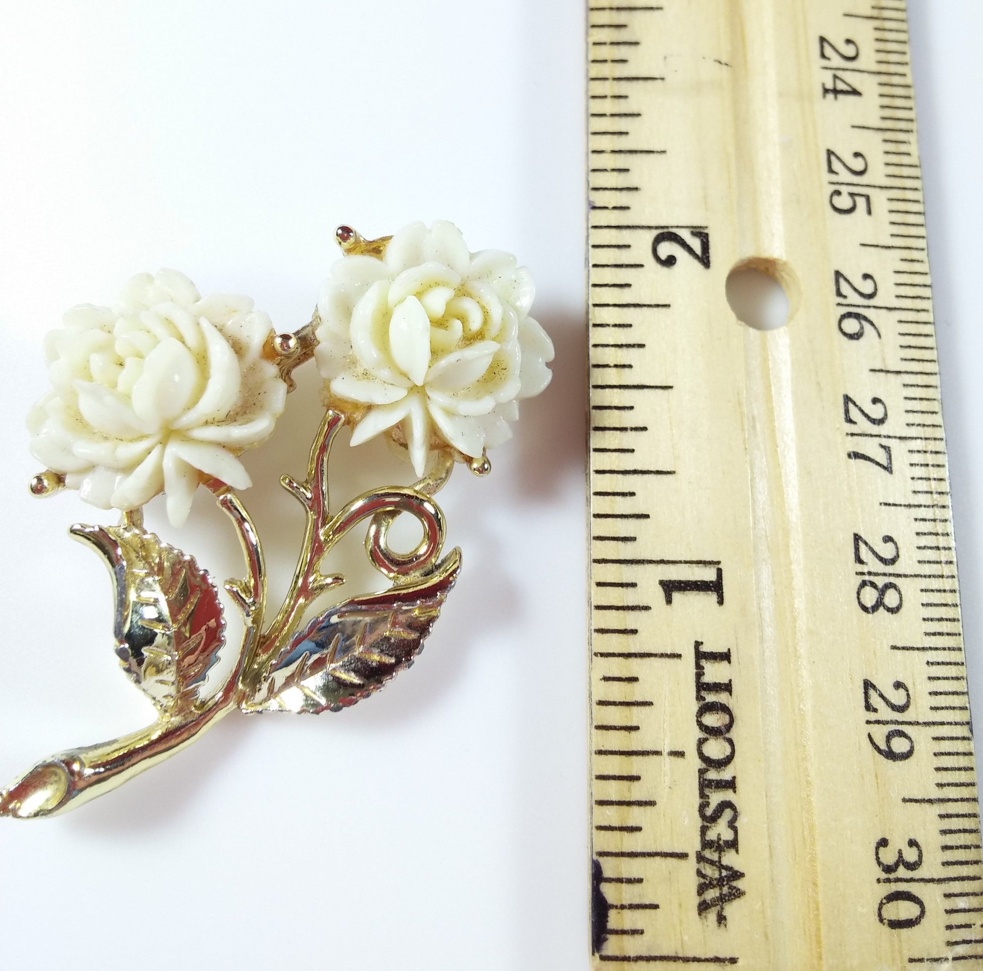 Vintage Rose Brooch Carved Celluloid Plastic Flower Pin Gold Tone - Dirty 30 Vintage | Vintage Clothing, Vintage Jewelry, Vintage Accessories
