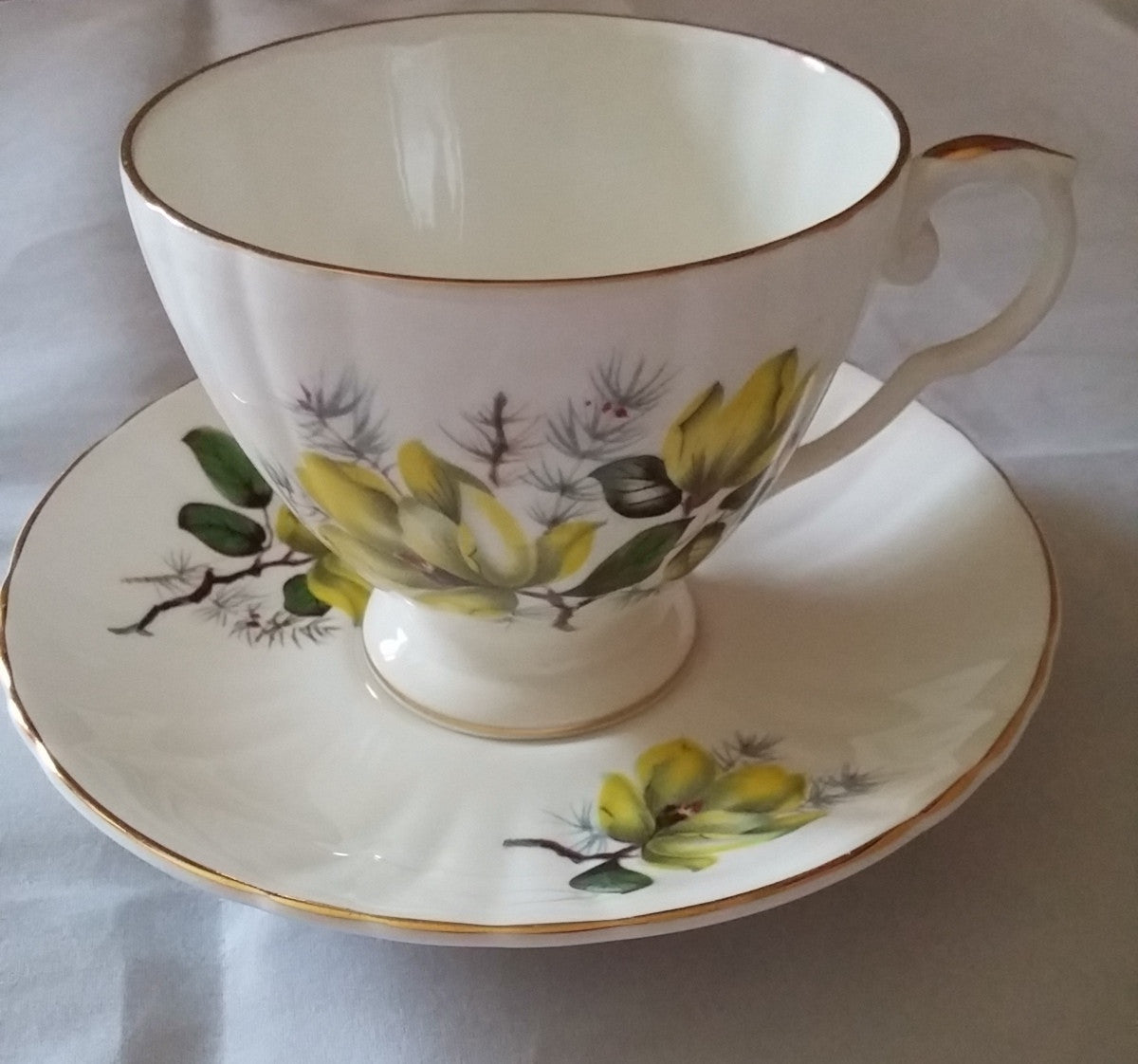 Vintage Tea Cup and Saucer Royal Grafton Bone China Yellow Rose Gold Trim - Dirty 30 Vintage | Vintage Clothing, Vintage Jewelry, Vintage Accessories