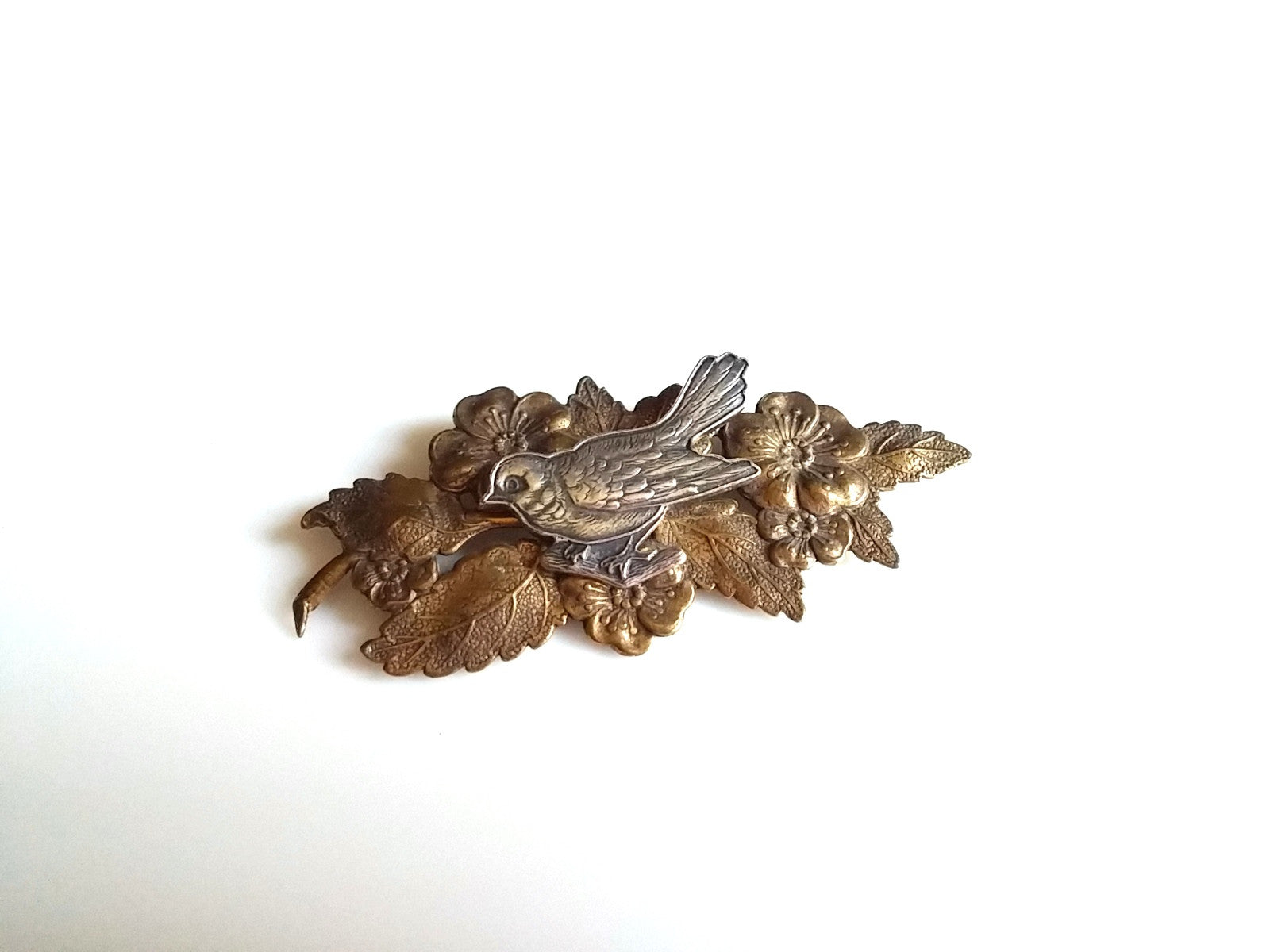 Vintage Brooch Two Tone Brass Color Floral Branch w/ Silver Tone Bird - Dirty 30 Vintage