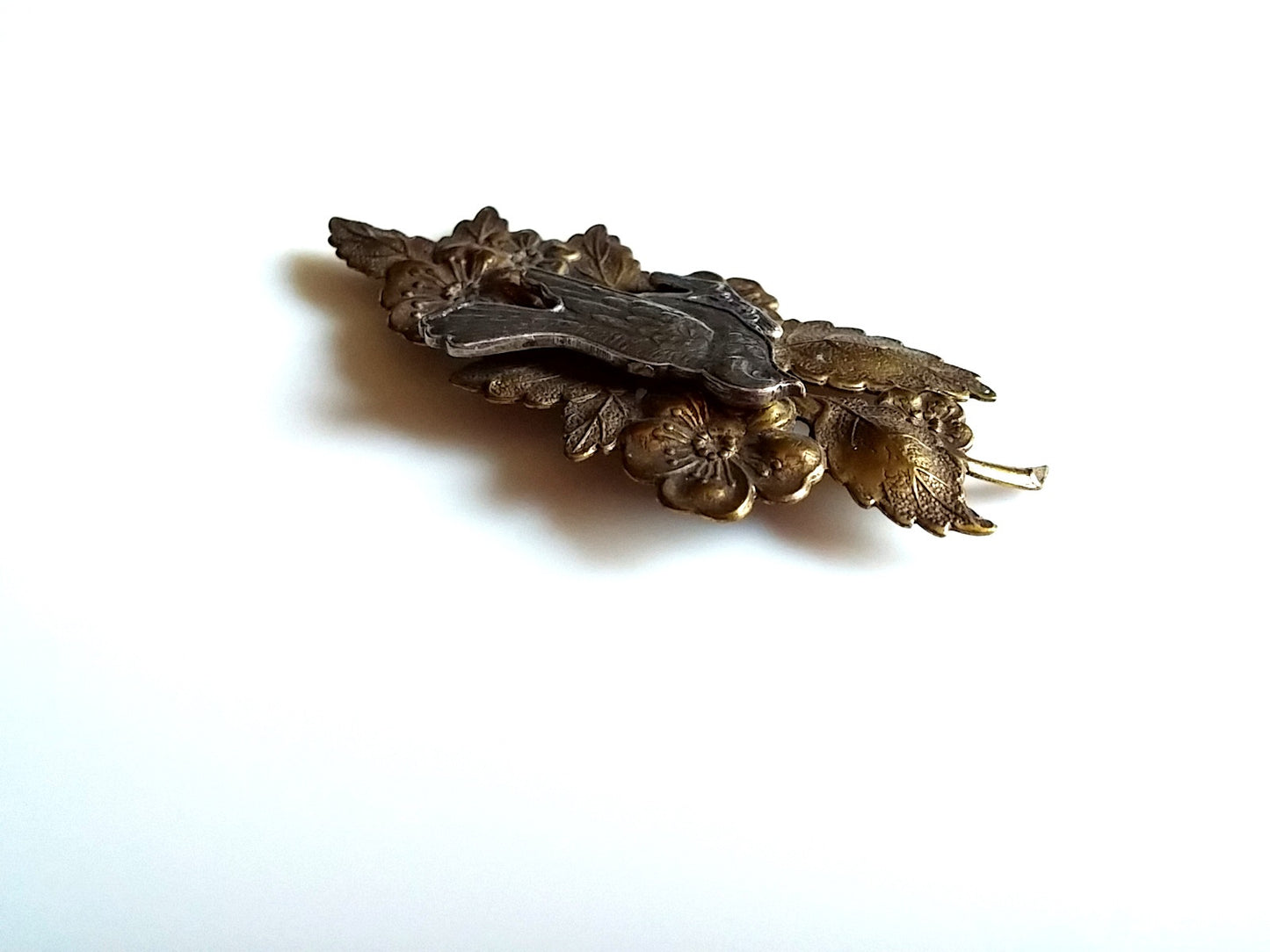 Vintage Brooch Two Tone Brass Color Floral Branch w/ Silver Tone Bird - Dirty 30 Vintage