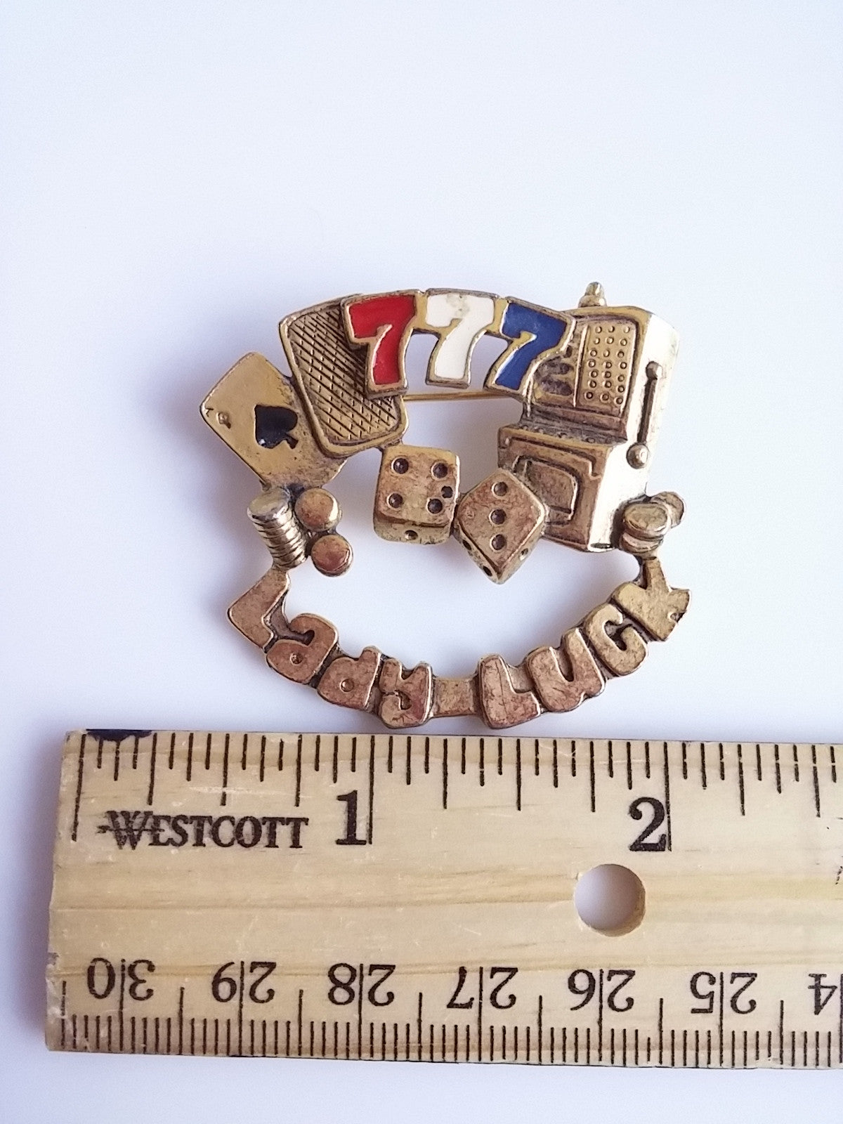 Lady Luck Brooch - Gambling Pin Lucky 7 Gold Tone Novelty Jewelry - Dirty 30 Vintage | Vintage Clothing, Vintage Jewelry, Vintage Accessories