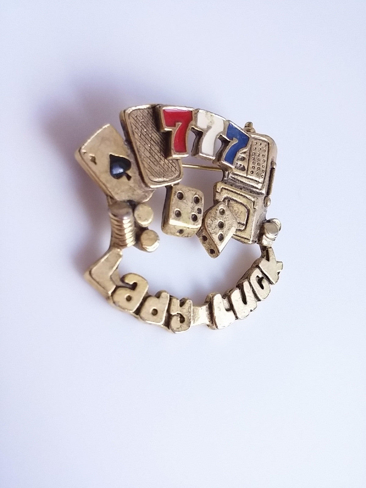 Lady Luck Brooch - Gambling Pin Lucky 7 Gold Tone Novelty Jewelry - Dirty 30 Vintage | Vintage Clothing, Vintage Jewelry, Vintage Accessories