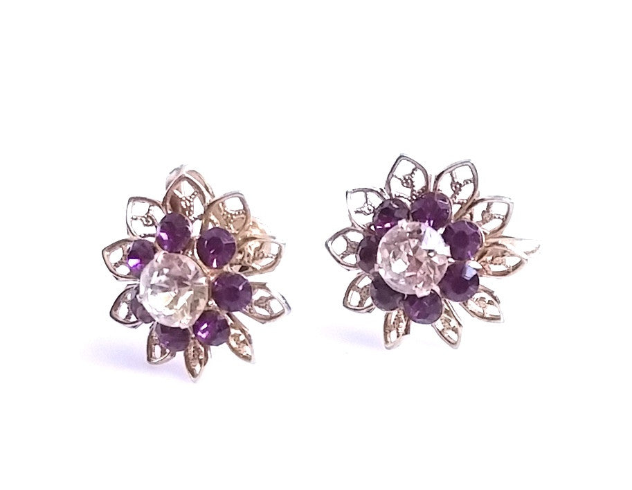 Vintage Earrings Screw Back Layered Flower Starburst with Purple Clear Rhinestone Accents - Dirty 30 Vintage | Vintage Clothing, Vintage Jewelry, Vintage Accessories